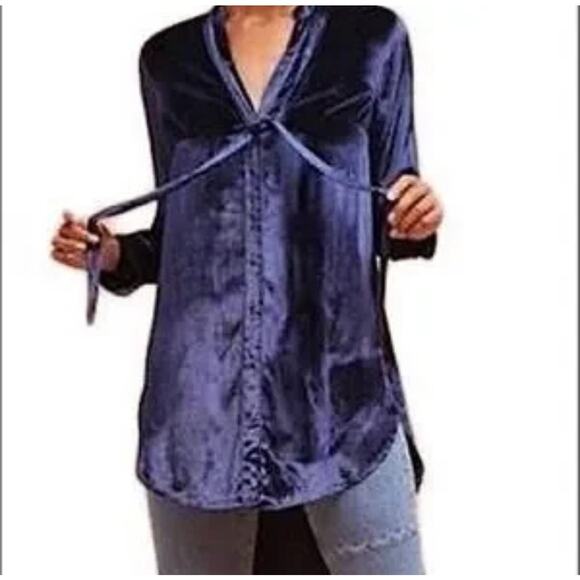 Maeve Blue Velvet Button Front Tie Neck Tunic Womens 6 Formal Dressy Holiday Fun - Picture 3 of 15